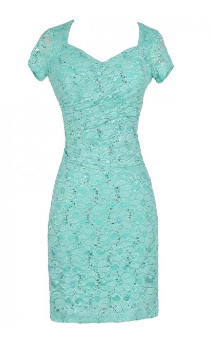Gathered Sequin and Lace Capsleeve Pencil Dress in Aqua